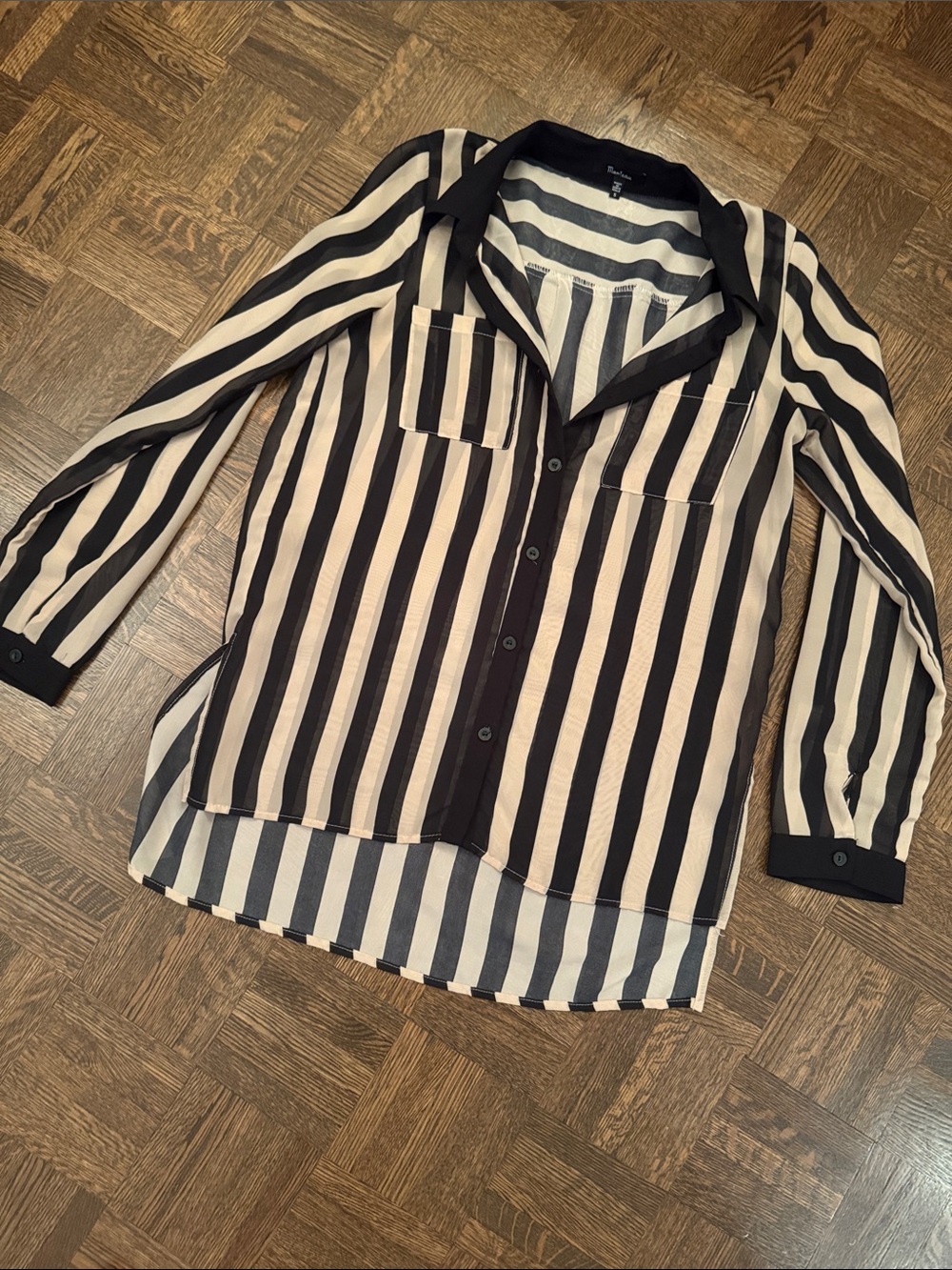 Striped Button-Up semi sheer Blouse in Black and Cream size Small
